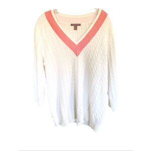 Ralph Lauren Cotton Cable Knit V-neck 3/4 Sleeve sweater in white/pink trim Sz 1